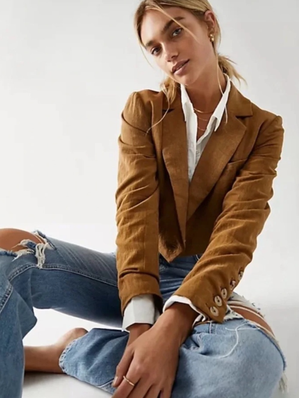 Free People Cropped Corduroy Blazer in Camel Brown